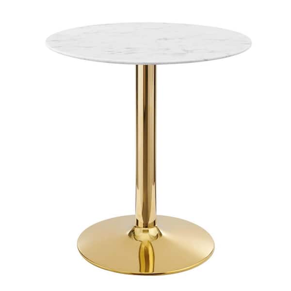 MODWAY Verne 28 in. Round Artificial Marble Dining Table White Wood Top with Gold Metal Base