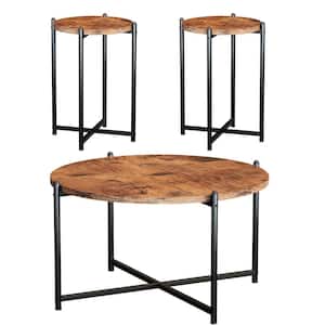 Dora 31 in. Rustic Brown Medium Round Wood Top Coffee Table with 2 End Tables for Living Room (3-Piece Set)