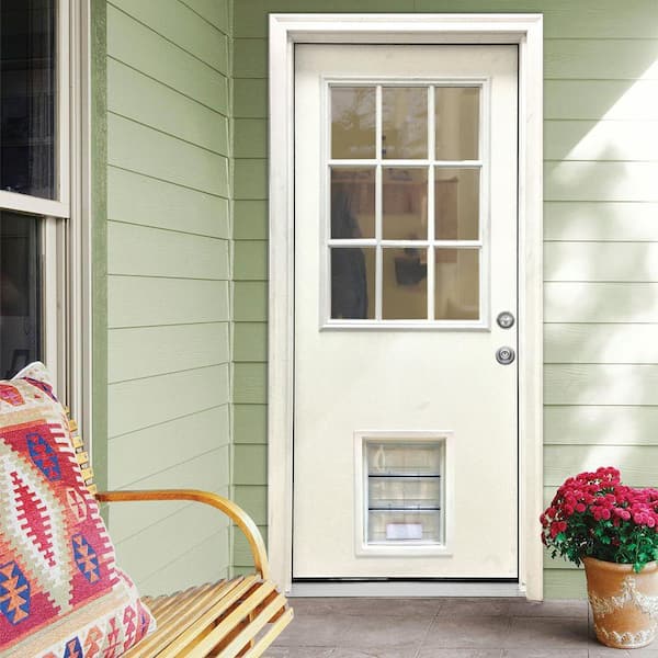 32 in. x 80 in. Reliant Series Clear 9 Lite LHIS White Primed Fiberglass Prehung Back Door with Large Pet Door