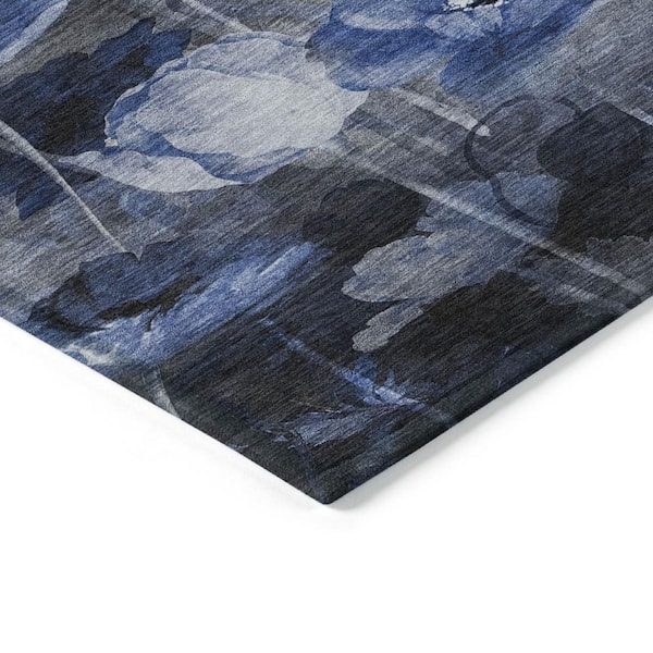 Navy Blue, Denim Blue 9 ft. x 12 ft. Woven Floral Polyester Rectangle Indoor/Outdoor Area Rug