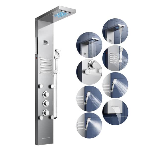 androme 47 in. 6-Jet LED Rainfall Waterfall Shower Panel System with Adjustable Hand Body Shower and Tub Spout in Brushed Nickel