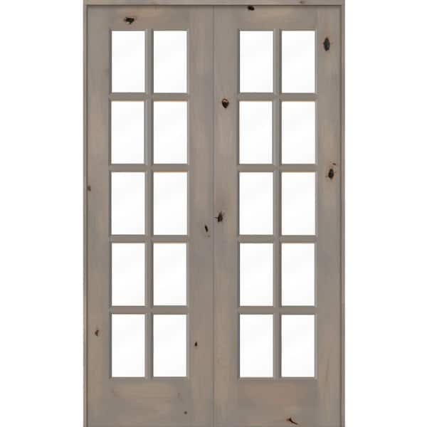 Krosswood Doors 48 in. x 80 in. Knotty Alder Universal/Reversible 10-Lite Clear Glass Grey Stain Wood Double Prehung French Door