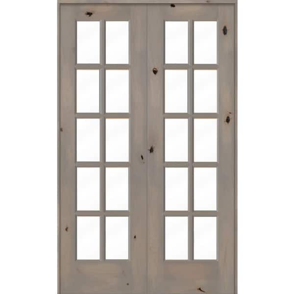 Krosswood Doors 48 in. x 80 in. Knotty Alder Universal/Reversible 10-Lite Clear Glass Grey Stain Wood Double Prehung French Door