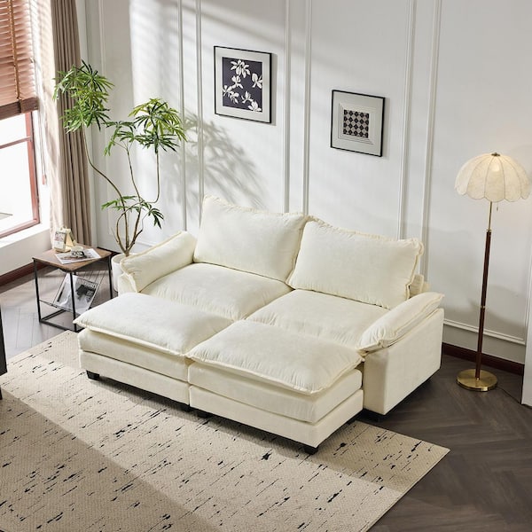 Double Layer Cushion's 85 in. Solid Print Beige Chenille Queen Size Sofa Bed