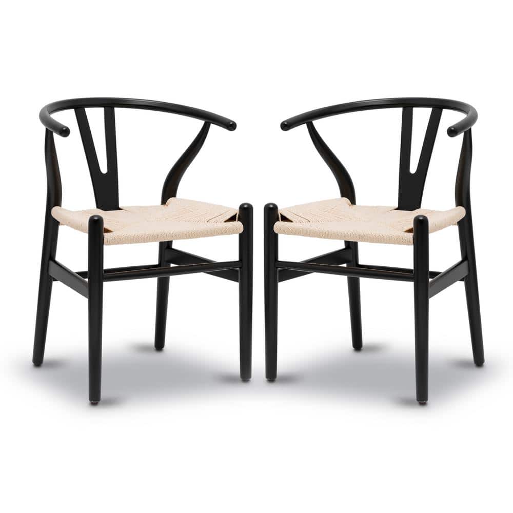Black Wood Arm Chairs with Woven Seats, Set of 2