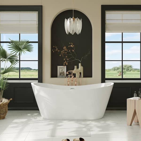 67 in. x 30 in. Acrylic Soaking Freestanding Double Slipper Bathtub with Chrome Drain in White
