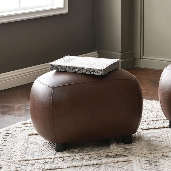 Brown PU Faux Leather Upholstered Footrest Round Ottoman