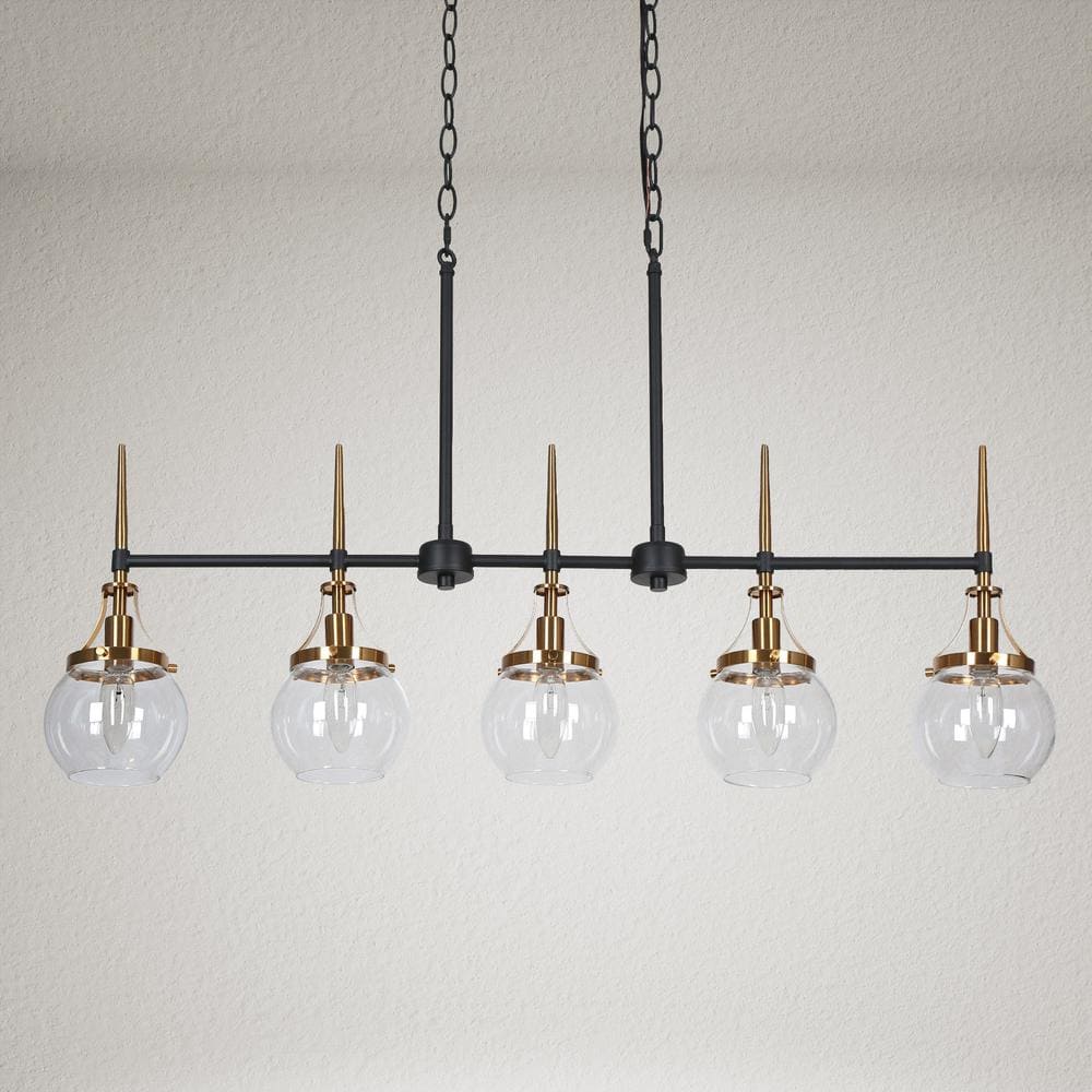 Black and Brass 5-Light Linear Chandelier with Glass Shades