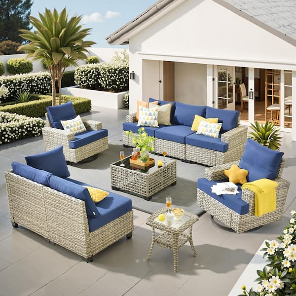 Silvae Gray 9-Piece Wicker Outdoor Sectional Set Patio Conversation Set with Rocking Chair& Navy Blue Cushion and Table