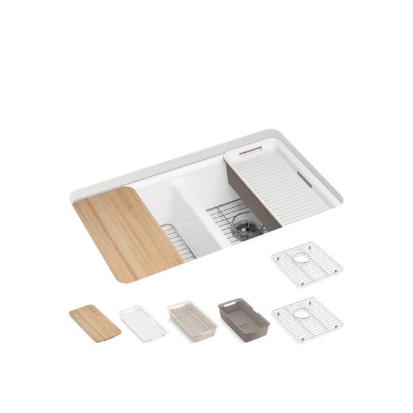 Riverby 33 in. Undermount Cast Iron Double-Bowl Workstation Kitchen Sink in White