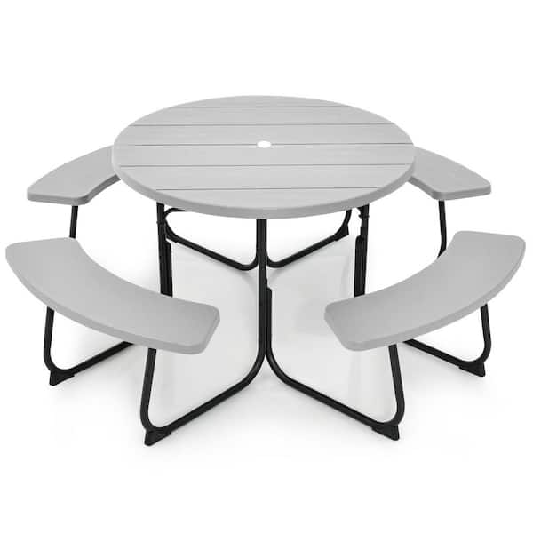 75 in. Gray Round Steel Picnic Table Seats 8 People with Umbrella Hole