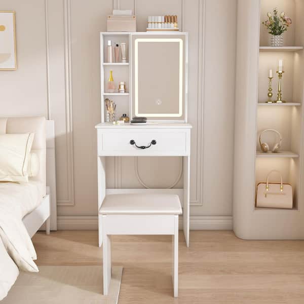 2-Piece White MDF Makeup Vanity Set with LED-lit Vanity Desk and Padded Stool Multi-Tier Dust-Proof Shelves Big Storage