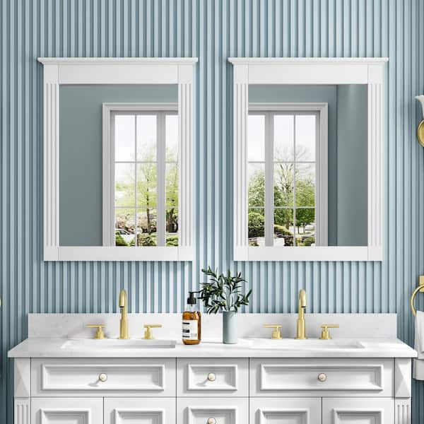 2-Piece 26 in. W x 33 in. H Medium Rectangular Solid Wood Framed Wall Bathroom Vanity Mirror in White