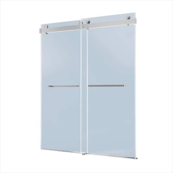 72 in. W x 76 in. H Double Sliding Frameless Shower Door in Brushed Nickel with Soft-closing and 3/8 in. Thick Glass