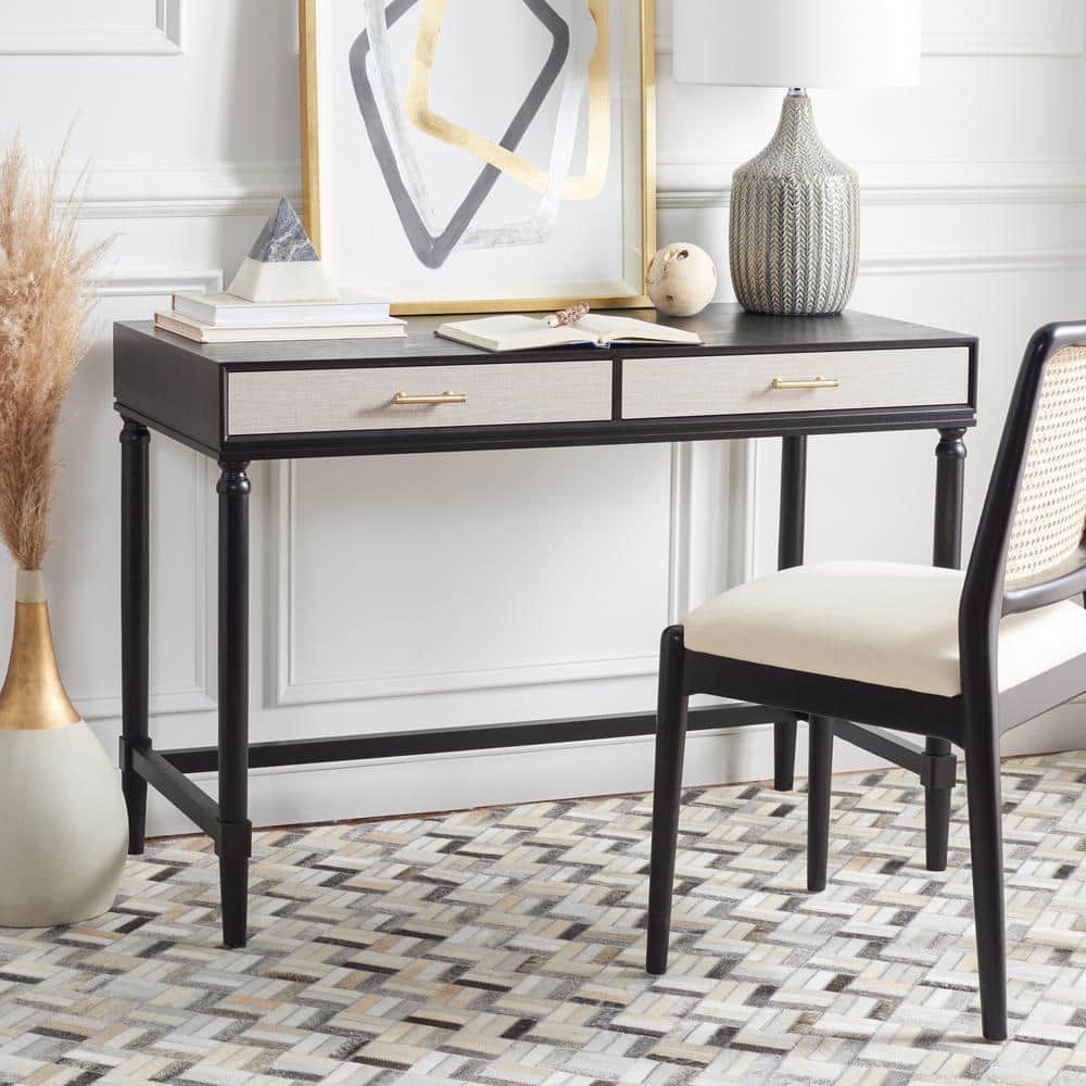 Estella Chic Black and Natural Wood Writing Desk with Gold Accents