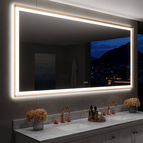 ANGELES HOME 84 in. W x 40 in. H Large Rectangular Framed Defog, Plug Wall Backlit Front LED Light Bathroom Vanity Mirror in Gold