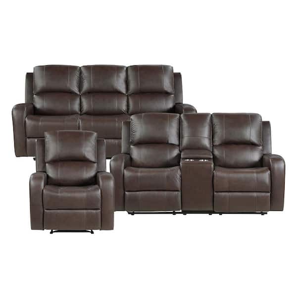 Longvale 78 in. W Pillow Top Arm Leather Rectangle Manual Double Reclining Sofa Set in. Brown, 3-Piece