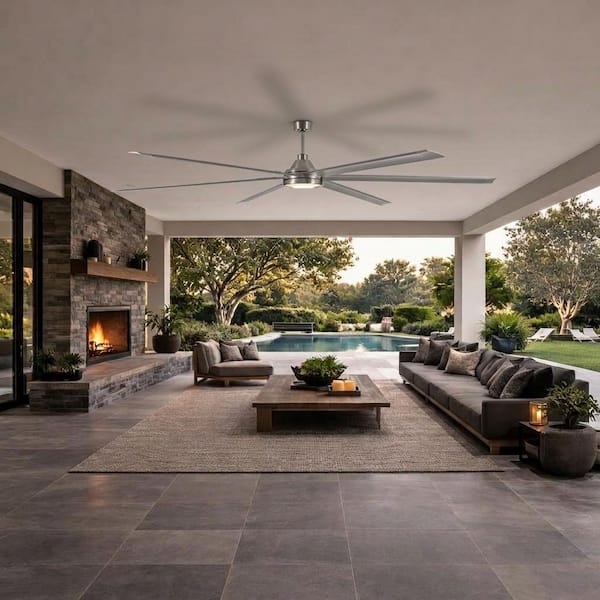 Tilden 120 in. Indoor/Outdoor Brushed Nickel Ceiling Fan with Adjustable White Integrated LED and Remote Included