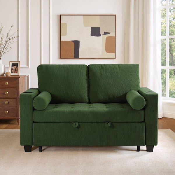 55.53 in. W Green Corduroy Convertible Full Size Sofa Bed with USB Port, Storage Pocket (Set of 1)