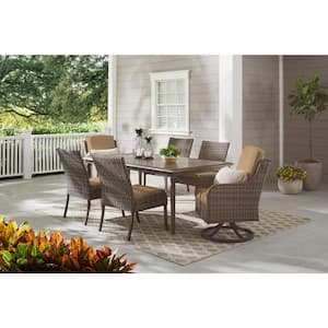 Windsor 7-Piece Brown Wicker Rectangular Outdoor Dining Set with CushionGuard Toffee Tan Cushions