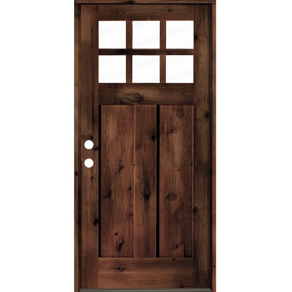 32 in. x 80 in. Craftsman Knotty Alder Right-Hand/Inswing 6 Lite Clear Glass Red Mahogany Stain Wood Prehung Front Door