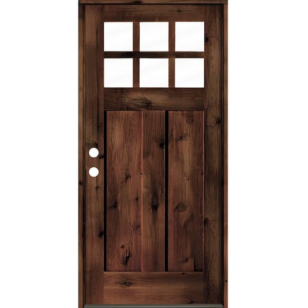 Krosswood Doors 36 in. x 80 in. Craftsman Knotty Alder Clear Low-E 6-Lite Red Mahogony Stain Wood Right Hand Single Prehung Front Door