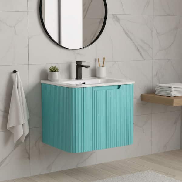 Caskvalley 24 in. Floating Bath Vanity in Tiffany Blue with White Ceramic Sink Top Assembled