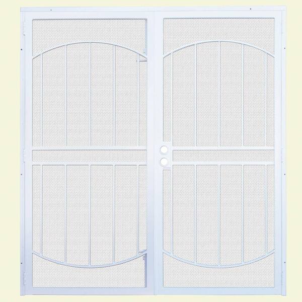 Unique Home Designs 72 in. x 80 in. ArcadaMAX White Surface Mount Outswing Steel Security Double Door with Perforated Metal Screen