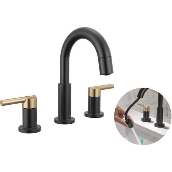 Delta Nicoli Pull-Down Spout 8 in. Widespread Double Handle Bathroom Faucet Drain Included in Matte Black/Champagne Bronze