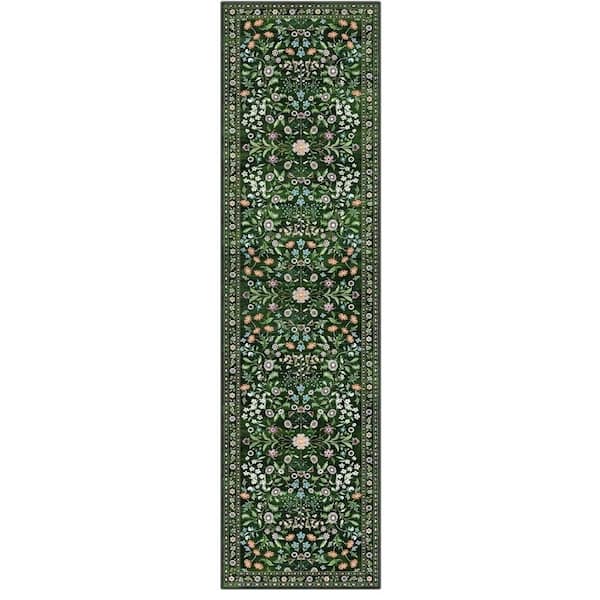 2' x 8' Non Slip Boho Floral Hallway Runner Rug-Green