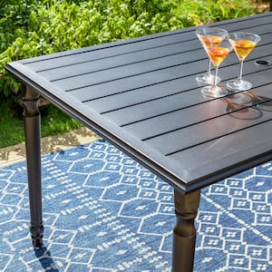 Black Rectangle Metal Outdoor Dining Table with Umbrella Hole