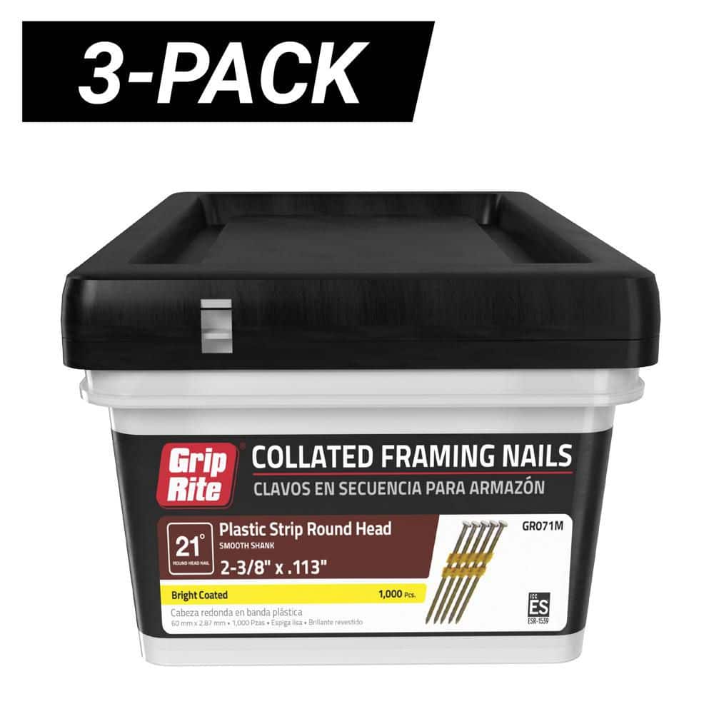 3-Pack 2-3/8 in. x 0.113 in. Gauge 21° Plastic Collated Bright Coated Smooth Shank Nails 1000 per Box (3000 per Bundle) price history on PriceWatchPro