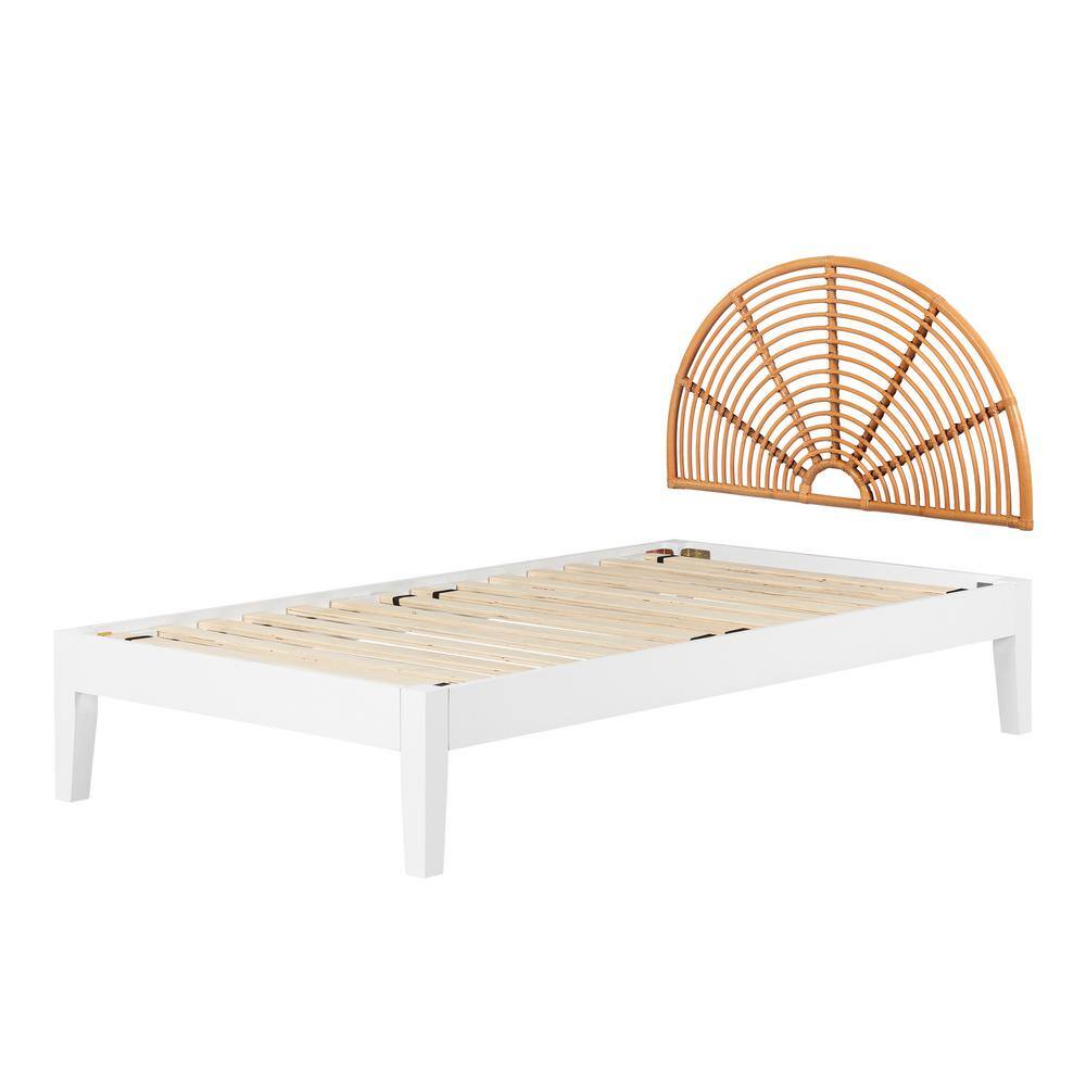 Twin White and Natural Wood Platform Bed with Rattan Headboard