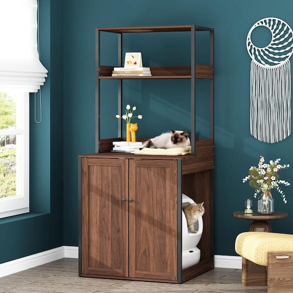 Large Cat Litter Box Enclosure Furniture with Shelves, Cat Washroom Furniture Cat House for Smart Litter Box, in walnut