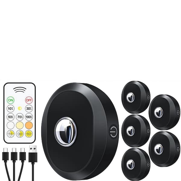White LED Lamp Puck Lights with Remote Control, Rechargeable Under Cabinet Lighting, Dimmable Push Light (6-Pack)