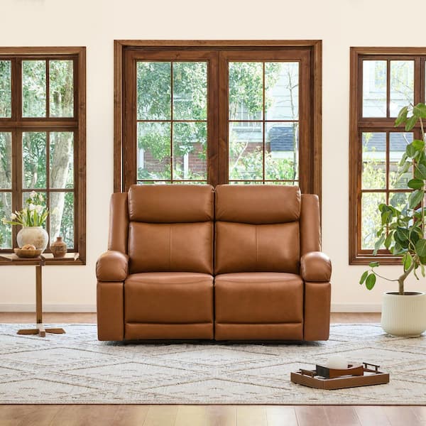Axel 62.2 Dual Motors Wall Hugger Genuine Leather 2-Seater Loveseat Recliner in Saddle with Power Headrest Charging Port