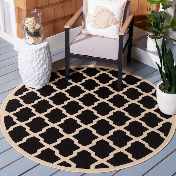Courtyard Black/Beige 8 ft. x 8 ft. Round Geometric Indoor/Outdoor Patio  Area Rug