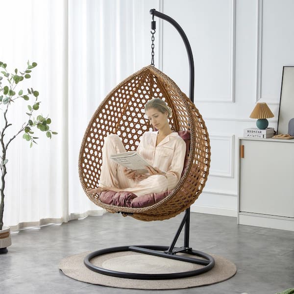 47 in. W Brown Wicker Patio Swing with Brown Cushion For Patio Balcony, Backyard, Bedroom