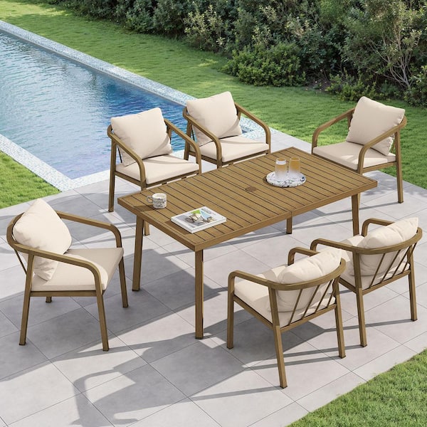 Teak Finish 7-Piece Aluminum Outdoor Dining Set with Beige Cushions