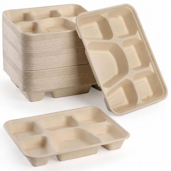 50 Pack White Disposable Sugarcane Fiber Compartment Plates School Lunch Tray Microwavable Compostable Case
