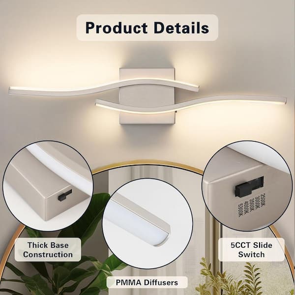 23.03 in. 1-Light Nickel LED Bathroom Vanity Light Bar with Dimmable and 5-CCT Adjustable Switch