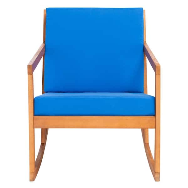 SAFAVIEH Vernon Light Brown 1-Piece Eucalyptus Wood Outdoor Rocking Chair with Blue Cushion