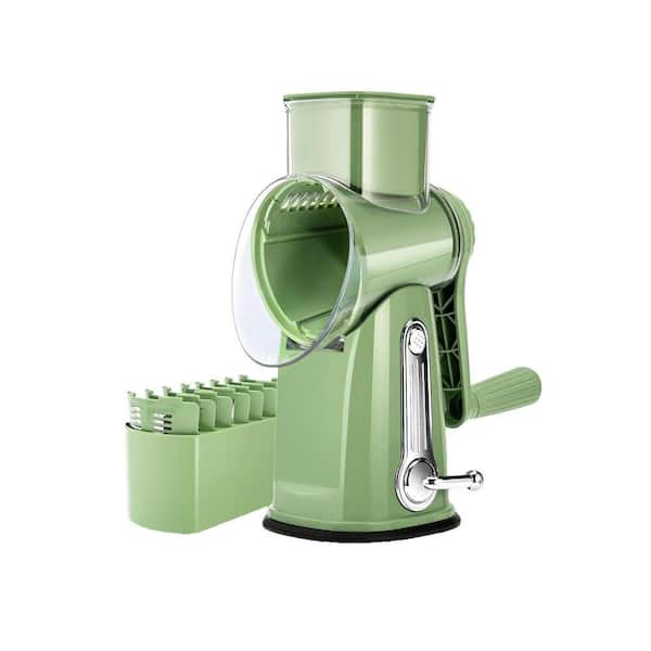 Rotary Cheese Grater Retro Green Vegetable Shredder Food Chopper with 5 Blades Suction Base Blade Storage Box