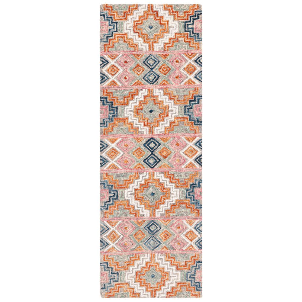 Handmade Blue Geometric Wool Runner Rug, 15 ft