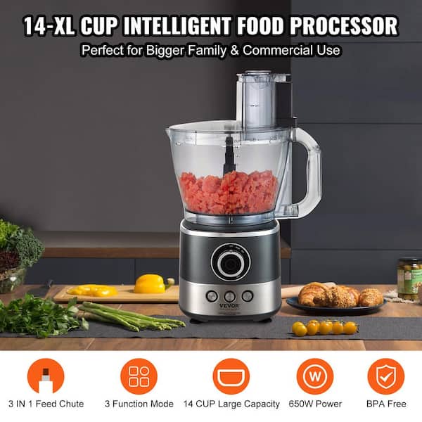 VEVOR Food Processor 14-Cup Vegetable Chopper for Chopping Mixing Slicing Puree and Kneading Dough 650 Watt Stainless Steel Blade Professional