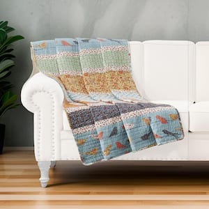 Multi-Colored Floral and Striped Print Cotton Throw Blanket