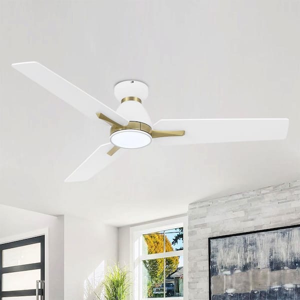 52 in. (4.3 ft. ) 3-Blades Indoor Flush Mount Ceiling Fan with Integrated LED, White and Gold