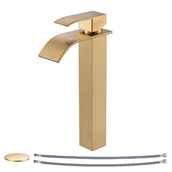Waterfall Single Hole Single Handle Tall Bathroom Sink Faucet with Pop-Up Drain in Brushed Gold