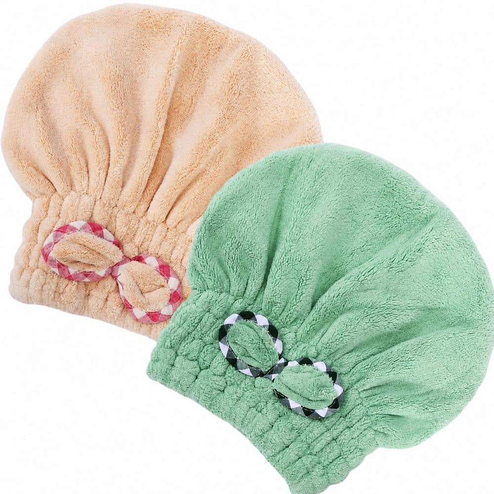 Khaki and Green Microfiber Hair Drying Cap 2-Pieces Soft Absorbent Coral Velvet Bath Accessory for Wet Hair