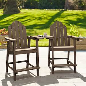 Linda Brown Tall Weather Resistant Outdoor Adirondack Chair Barstool With Cup Holder For Deck Balcony Pool Set of 2